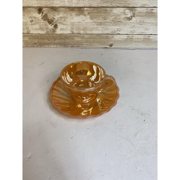Anchor Hocking Fire King Peach Luster Glass Swirl Demitasse Cup & Saucer Set - Picture 3 of 10